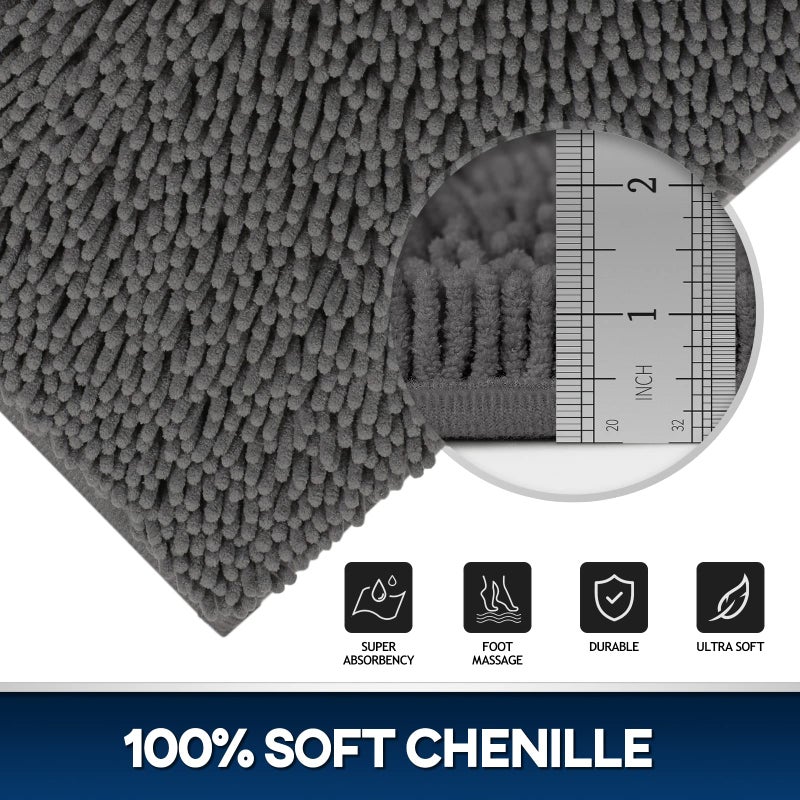 TREETONE Chenille Bath Mat 3 Piece Bathroom Rugs Set, 20x20 Inches U-Shape Contoured Toilet Mat & 20x32 Inches Rug & Lid Cover, Soft Water Absorbent Rugs for Tub Shower & Bath Room - Charcoal Gray - Image 3